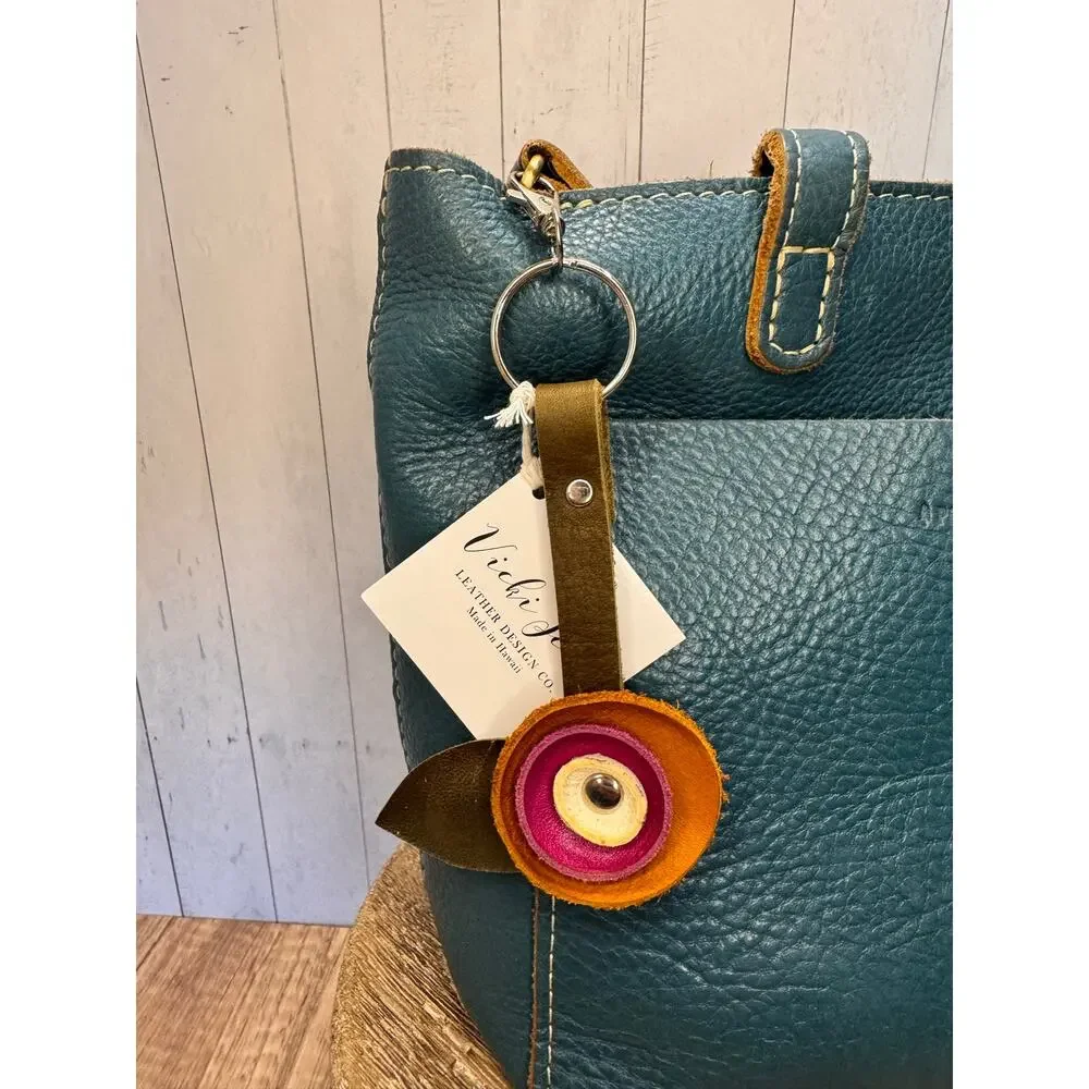 Genuine Leather Round Flower Purse Charm Tan Hot Pink White Boho Bag Charm